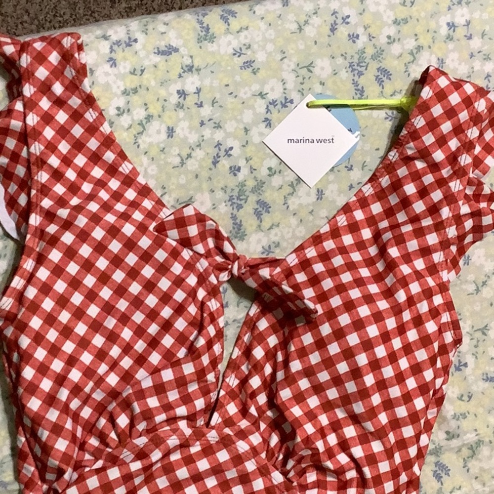 Red and white checked bathing suit